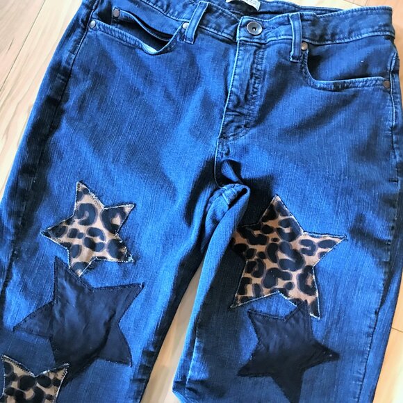 Patchwork Jeans, Size 12 Short: Boho Hippie Pants, Leopard Print Stars - Picture 5 of 14